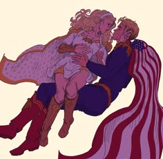 a drawing of two people hugging each other with an american flag in the back ground