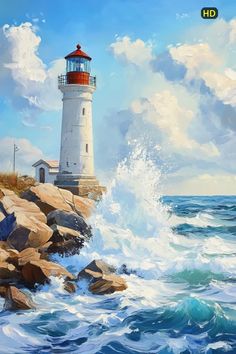 a painting of a lighthouse on top of a rocky cliff next to the ocean with waves crashing against it