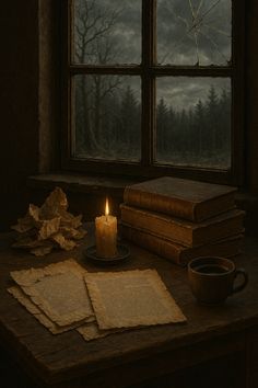 a candle and some books on a table
