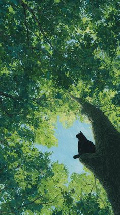 a painting of a cat sitting in the middle of a tree looking up at the sky