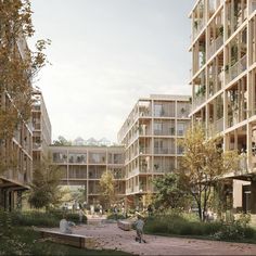 an artist's rendering of a courtyard with trees and buildings in the background