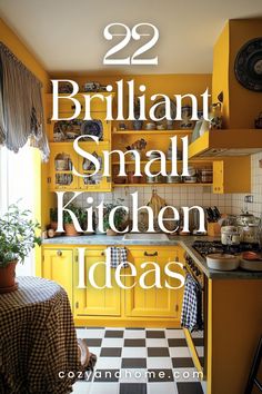 a kitchen with yellow cabinets and black and white checkered flooring is featured in the magazine 22 brilliant small kitchen ideas
