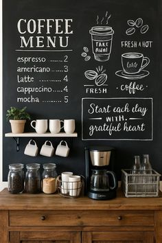 a coffee menu on a blackboard behind a wooden cabinet with cups and mugs