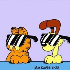 two cartoon dogs wearing blindfolds and looking at each other