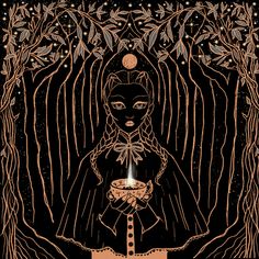 a woman holding a lit candle in her hands and surrounded by trees with leaves on it