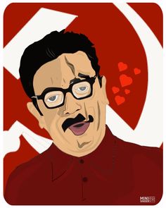 a man with glasses and a mustache in front of a red background that says communist