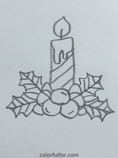a drawing of a candle surrounded by holly leaves