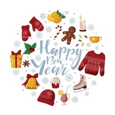 a christmas card with various items in the shape of a circle and words happy new year