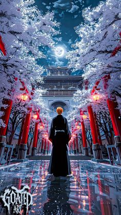a man standing in the middle of a walkway surrounded by trees and red pillars with lights on them