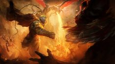 a painting of a man with chains on his hands in front of fire and flames