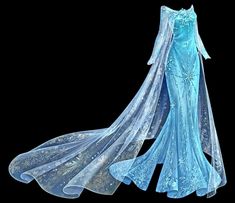 a blue dress with long sleeves and a veil on the top is shown in front of a black background