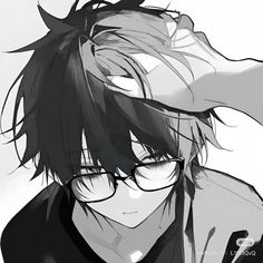 an anime character with black hair and glasses on his head, looking at the camera