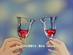 two hands holding up wine glasses with red liquid in them and the caption says, i love you