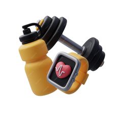 a yellow and black water bottle holder with a heart on the front, and an exercise ball attached to it
