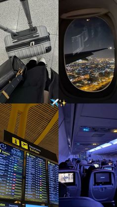 the view from inside an airplane looking out at city lights and airport information on board
