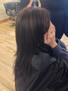 Poofy Wolf Cut, Black Hair With Chunky Brown Highlights, 90s Highlights Hair Dark, Brown With Black Underneath, Chunky Brown Highlights On Black Hair, Layers With Highlights Black Hair, Subtle Skunk Highlights, Brown Highlights On Black Hair Layers, Highlight On Top Dark Underneath