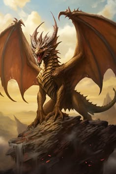 a dragon sitting on top of a rock next to a waterfall with its wings spread