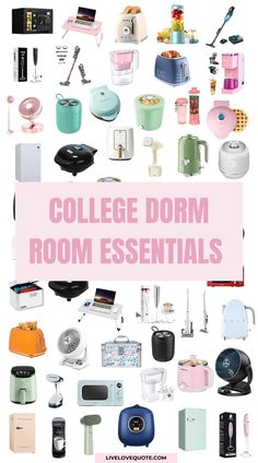 collage of dorm essentials with the words college dorm room essentials in pink