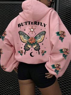 1pc Plus Size Women Casual Butterfly Print Hoodie Sweatshirt, Suitable For Autumn And Winter Multicolor Casual  Long Sleeve Knitted Fabric Animal,Letter Pullovers Slight Stretch  Women Plus Clothing, size features are:Bust: ,Length: ,Sleeve Length: Fall Pink Hoodie With Graphic Print, Pink Hoodie With Graphic Print For Fall, Butterfly Hoodie Outfit, Pink Rhinestone Butterfly Hoodie, Butterfly Hoodie Design, Butterfly On Hoodie, Hoodies Butterfly, Pink Cat-themed Hoodie, Purple Butterfly Hoodie