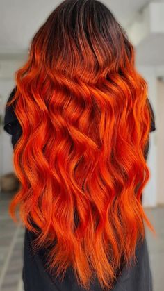 Orange Hair Color Ideas, Orange And Black Ombre Hair, Black To Orange Ombre Hair, Orange Ombré Hair, Black And Orange Balayage, Orange Black Hair Ombre, Bright Orange Hair Dark Roots, Black And Orange Ombre, Bright Orange Balayage