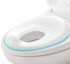 a white toilet with blue trim on the seat