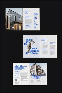 an open brochure showing the front and back side of a building with windows