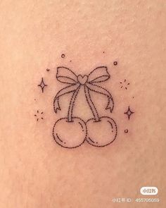 Cherry Tattoo Simple, Cute Cherry Tattoos, Cute Cherry Tattoo Ideas, Cherry Ribbon Tattoo, Cherry Bow Tattoo, Cherry And Bow Tattoo, Cherry Tattoo With Sparkles, Cherry Heart Tattoo, Cute Small Cherry Tattoo