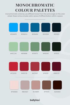 Monochromatic colour palette infographic with 4 rows and 5 columns of different colours including blue, green, red and mauve.