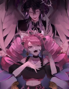 two anime characters sitting next to each other in front of an angel's wings