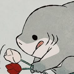 a cartoon character is holding a flower in one hand and looking at it with the other