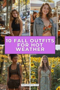 Refresh your autumn wardrobe with 10 fall outfits for hot weather. From flowy dresses to light layers, these looks will keep you comfortable and stylish all season long. Fall Hot Day Outfit, Fall Fashion Hot Weather, Fall In Hot Weather Outfits, Fall Outfits For Warm Weather Casual, Fall Style Hot Weather, Fall Outfits For When Its Hot Out, 80 Degree Weather Outfits Fall, Fall Outfit For Hot Weather, Hot Weather Fall Outfits 2024