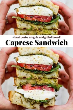 three sandwiches stacked on top of each other with the words caprese sandwich above them
