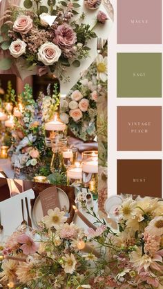 a table with flowers, candles and plates on it is shown in the color scheme