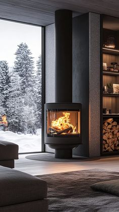 a living room filled with furniture and a fire place next to a large glass window