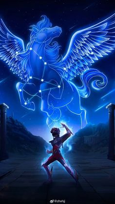 an image of a person on a horse in the sky with stars and lights behind them