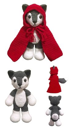 three crocheted stuffed animals with hats and scarves, one wearing a red scarf