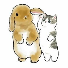 two cats and a bunny are standing next to each other, one is brown and the other is white