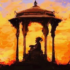 an artistic painting of a man sitting under a gazebo