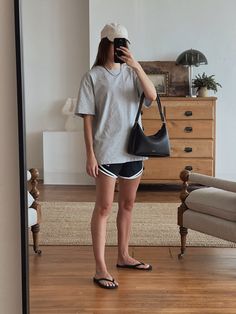 Wear the plain clothes! A pep talk. Plain Clothes Aesthetic, Hot Weather Athleisure, Casual Black Slide Flip Flops, How To Wear Gym Shorts, Slides Outfit Casual, Summer Athleisure Gray T-shirt, Legging Shorts And Tshirt, Flip Flop Outfits Summer, Leather Flip Flops Outfit