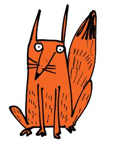 an orange cartoon cat with big eyes and tail sitting on the ground, looking up at something