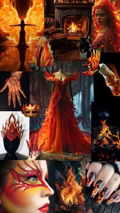 a collage of photos with fire and flames on the face, hands and body