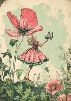 Enchanting vintage-inspired illustration perfect for scrapbooking, junk journaling, and DIY decor projects. A magical scene of a young girl in a pink dress interacting with oversized poppies and a butterfly. #vintageart #floralillustration #scrapbookingideas #junkjournalsupplies #diydecor #whimsicalart #fairytaleinspired #papercraftinspiration Vintage Whimsical, Whimsical Wildflower, Vintage Flower Fairy Art, Whimsical Forest With Pink Flowers, Floral Forest Whimsical Insect, Floral Fairy, Vintage Flower Fairy Art Inspiration, Whimsical Floral Princess, Vintage Floral Card With Fairy