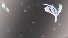 an image of a bird flying in the air over a cityscape at night