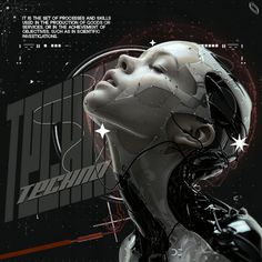 a futuristic woman with headphones and stars on her face, in front of a black background