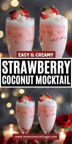 three glasses filled with strawberries and coconut drink