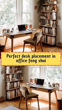 there is a desk with a laptop on it in front of a window and bookshelf
