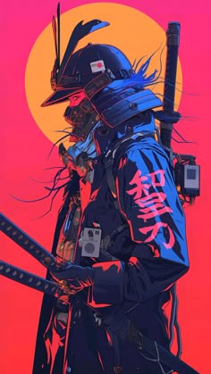 a painting of a person with a helmet on holding two swords in front of an orange and pink background