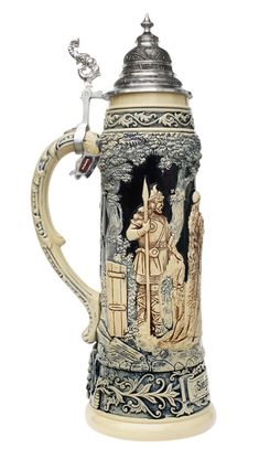 King Limitaet 2010 | Siegfrieds Return Antique Style Beer Stein Ornate Beer Stein Design, Historical Beer Stein Designs, Beer Stein, Rich Beer Stein, Decorative Beer Stein With Medieval Scene, Medieval Themed Collectible Stein, Antique Beer Stein Design, Traditional German Beer Stein, German Beer Stein 1974