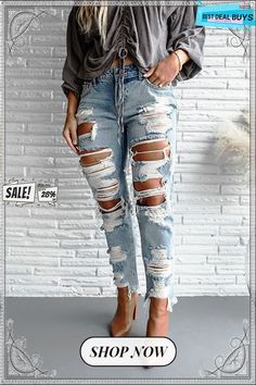 43cca4b3de2097b9558efefd0ecc3588desc56256933ri Trendy Distressed Pants For Fall, Cheap Distressed Pants For Fall, Trendy Ripped Denim Pants, Casual Ripped Bottoms For Spring, High Waist Ripped Denim Pants, Cheap Casual Ripped Bottoms, Everyday Ripped Cropped Leg Bottoms, Summer Cotton Ripped Bottoms, Trendy Ripped Bottoms At Cheap Prices