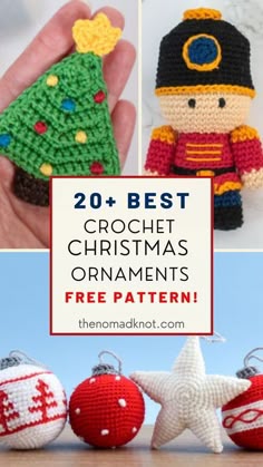 Beautiful and free crochet Christmas ornaments to decorate your hose this year! Start crocheting for Christmas today with this Christmas ornaments free patterns! They are perfect for decoration and delightful as a crochet Christmas gift! This and many other free crochet patterns you find on TheNomadKnot.com Happy crocheting! Small Christmas Crochet Patterns Free, Crochet Free Christmas Ornaments, Free Crochet Ornaments, Crochet Patterns Christmas Ornaments, Crochet Ornament Patterns Free, Free Crochet Pattern For Christmas Ornaments, Crochet Christmas Tree Ornaments Pattern Free, Quick Crochet Christmas Ornaments, Crochet Christmas Appliques Free Pattern